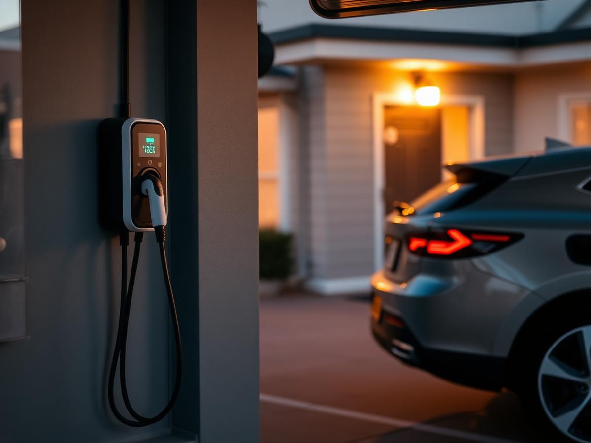Electric vehicle charger installed on a garage wall next to a car