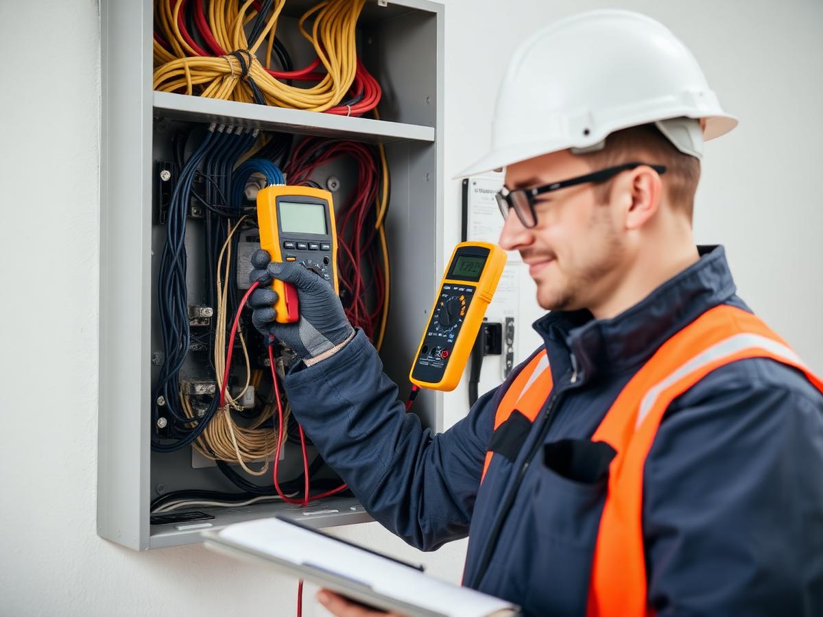 Electrician testing wiring in an electrical box with a multimeter